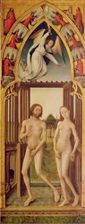 Erlösungstriptychon; rechte Tafel zeigt die Vertreibung von Adam und Eva aus dem Paradies, ca. 1460